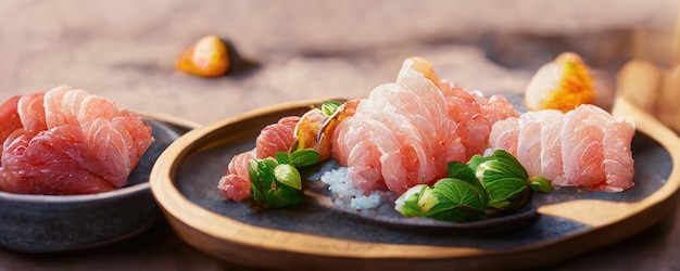 Japanese food mix on restaurant table sashimi salmon sushi and wasabi