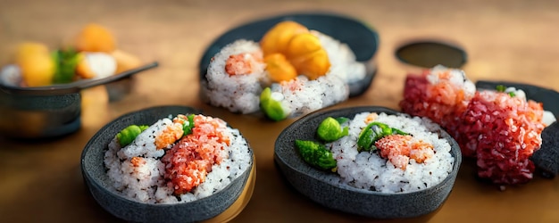 Japanese food mix on restaurant table sashimi salmon sushi and wasabi