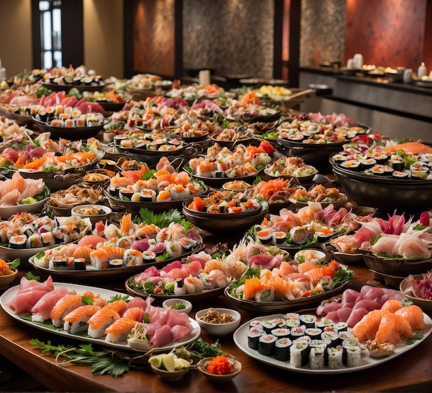 Photo japanese food restaurant assorted sushi and rolls served on wooden table