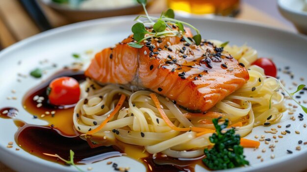 Japanese Food Salmon Fillet with Noodles and Sauce