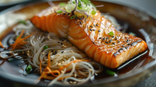 Japanese Food Salmon Fillet with Noodles and Sauce