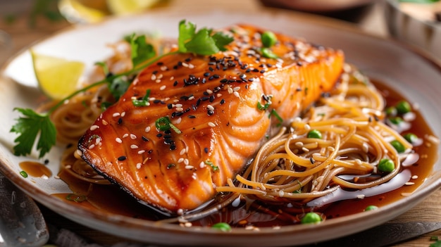 Japanese Food Salmon Fillet with Noodles and Sauce