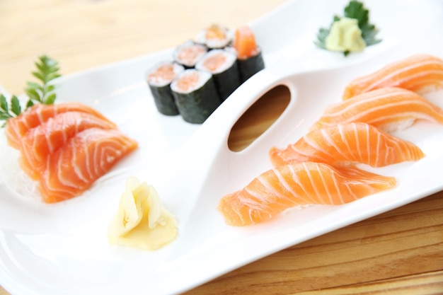 Japanese food Salmon Sushi set on wood background