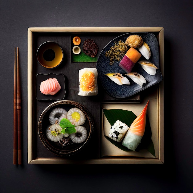 Japanese food served in large bowls and plates viewed from above Generative IA