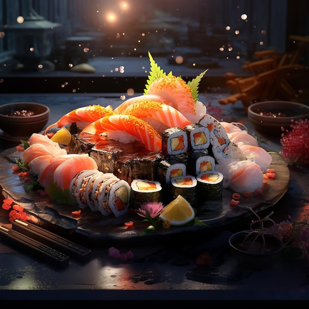 Japanese food sushi modern cool colors fish sea food salmon rice fresh tasty