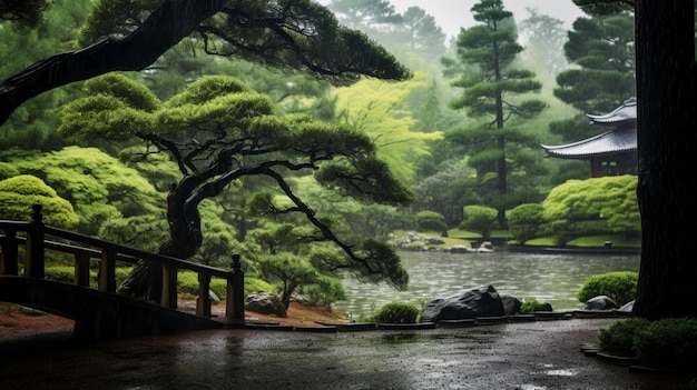 Japanese garden pine trees in spring rain