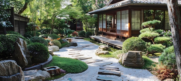 Japanese garden Stone path leading through Japanese garden to traditional building