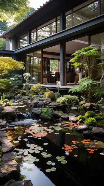 Japanese garden with a pond and a house in the background