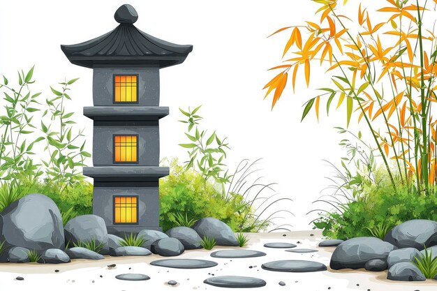 Japanese Garden with Stone Lantern and Stepping Stones