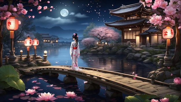 Japanese geisha in a kimono standing on the bridge near pond and temple night scene