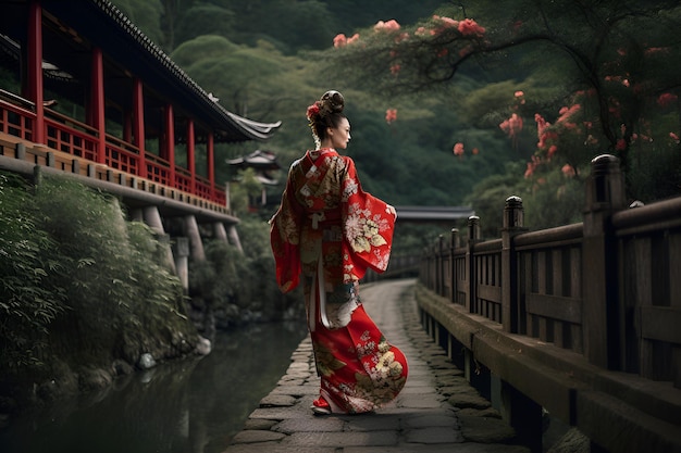 A Japanese geisha in a traditional costume walks in the park Generative AI 4