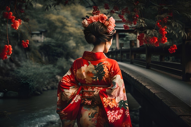 A Japanese geisha in a traditional costume walks in the park Generative AI 5