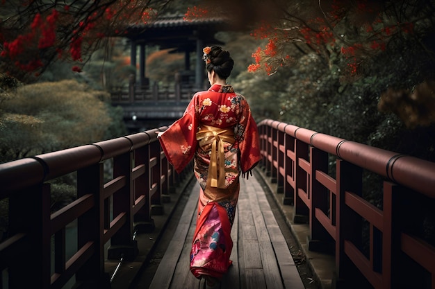 A Japanese geisha in a traditional costume walks in the park Generative AI 5