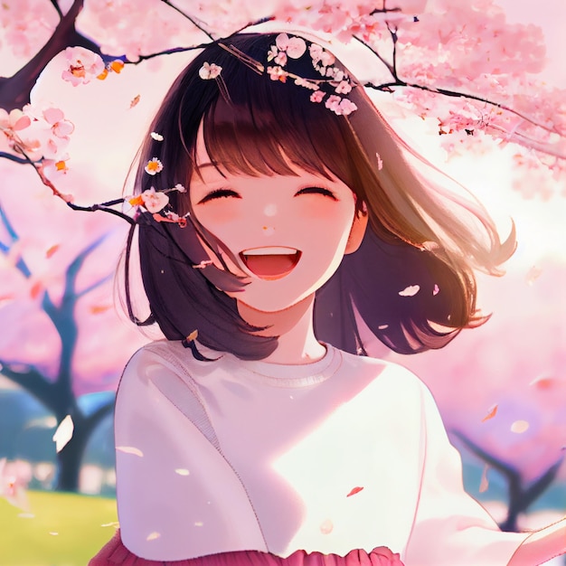 Japanese girl under cherry blossom tree landscape anime manga illustration