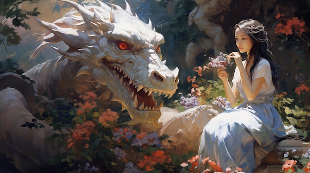 Japanese girl sitting with a dragon in the forest fairytale artwork watercolor illustration