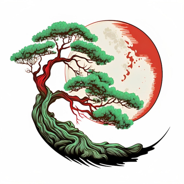 Japanese Green Red Bonsai Tree with Full Moon