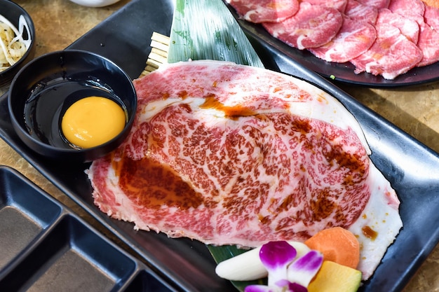 Japanese grilled marble meat A5 Wagyu beef slice yakiniku BBQ korean roast Asian traditional food