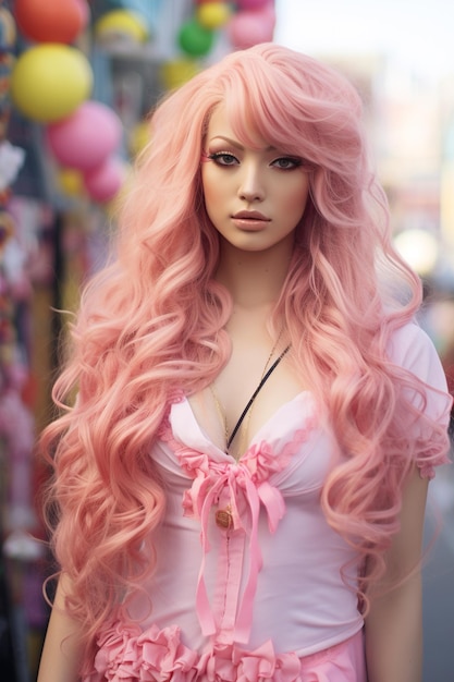 Japanese gyaru with pink hair strolls through a festive street