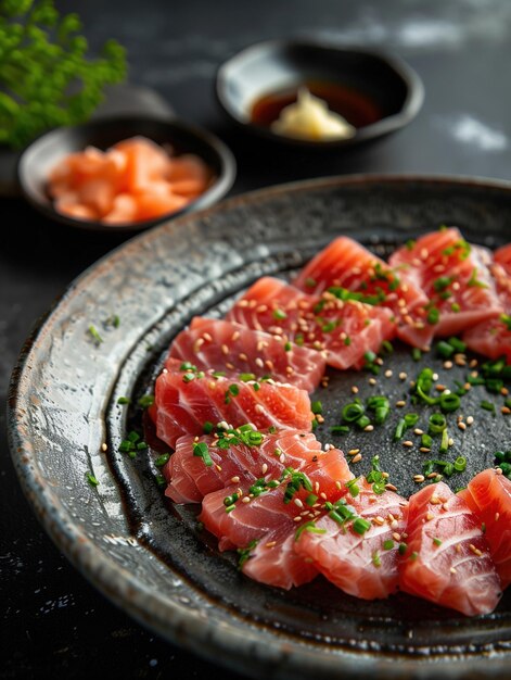 Photo japanese hamachi yellowtail sashimi on dark noble background elegant japanese cuisine