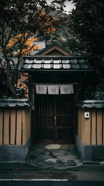 Japanese house entrance with fence