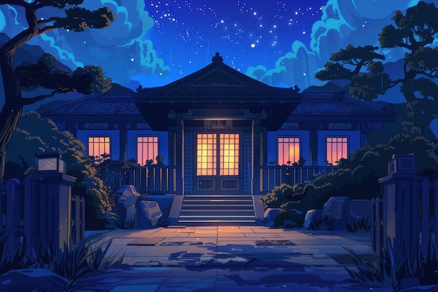 Japanese House at Night with a Starry Sky