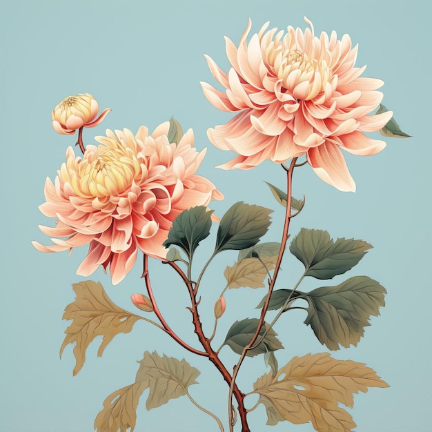 Japanese Inspired Dahlia Illustration On Pink Background With Aquamarine And Gold