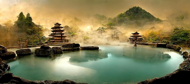 Japanese landscape spa Japanese hot springs ancient architecture  3d rendering. Raster illustration.