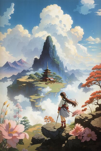 Japanese landscape Studio ghibli style mixed with Frank Frazetta