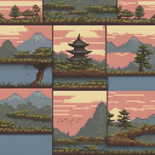 Photo japanese landscape with a traditional pagoda pixel art style