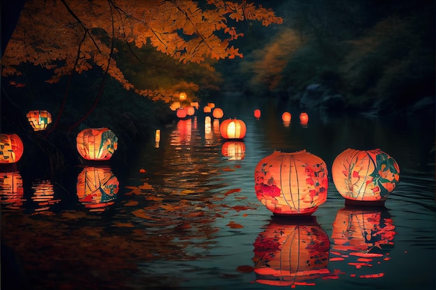 Japanese lanterns floating on the riverbed