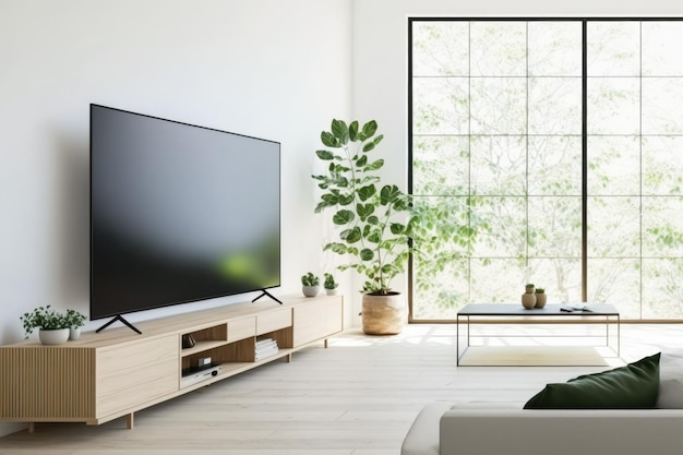 Japanese living room smart TV mockup on white wall