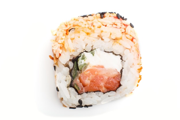 Japanese maki sushi rolls with salmon, sesame, isolated on white background. Top view, close up, selective focus.