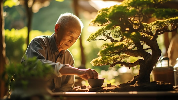 Japanese man inside bonsai greenhouse