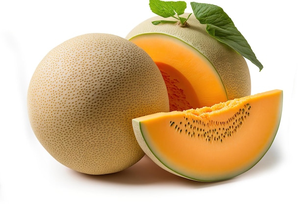 Japanese melons orange or cantaloupe melon whole and sliced with seeds isolated on white