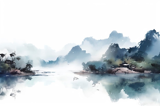 Japanese minimalist landscape with Chinese ink artistic