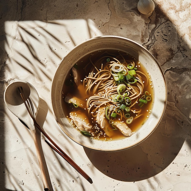 Japanese miso ramen noodle soup with chicken and green onion