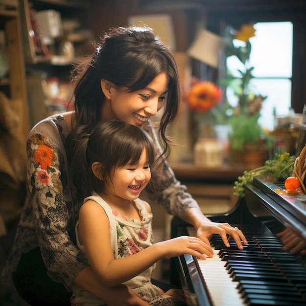 Japanese mother and daughter teaching and learning to play piano