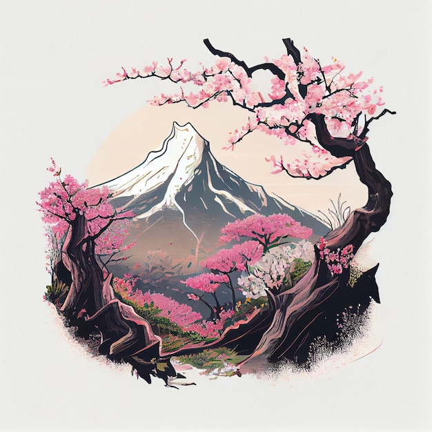 Japanese Mountain Landscape of spring season with cherry blossom in bloom amidst peaks Nature beauty pink flowers and a serene landscape