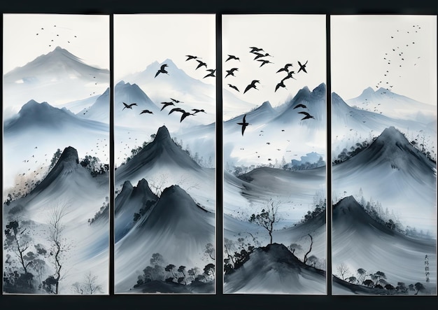 Japanese Mountains in Ink Wash Style with Flying Birds