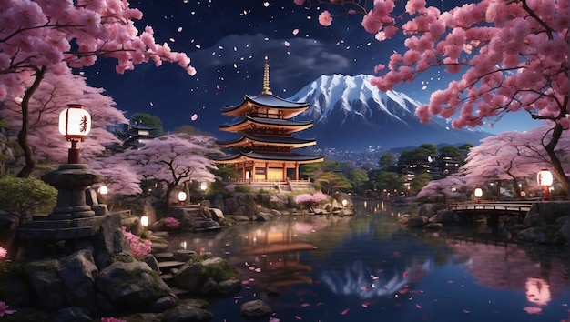 Japanese nature with sakura and traditional ancient temples night scene with japanese lanterns