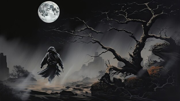 Japanese ninja stealthily moving through a moonlit landscape Aesthetics black silhouette against a background of moonlight ninjutsu straw hat Japanese style Generative by AI