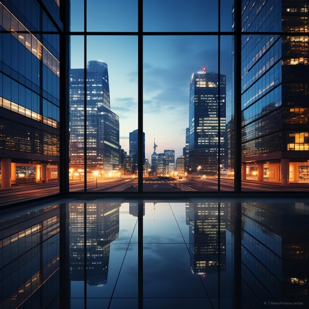 Japanese Office windows Evening skyline Leading lines Lowangle Futuristic Window reflections