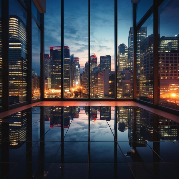 Japanese Office windows Evening skyline Leading lines Lowangle Futuristic Window reflections