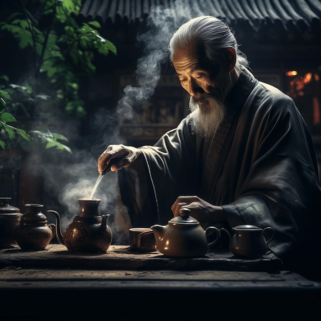 Japanese old style tea ceremony in an old tea house by an old tea master