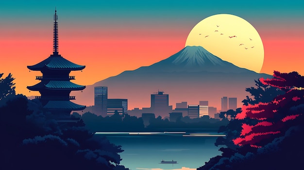 Photo japanese pagoda silhouetted against mount fuji and cityscape at sunset