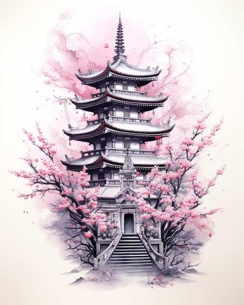 Photo japanese pagoda tower with cherry drawings