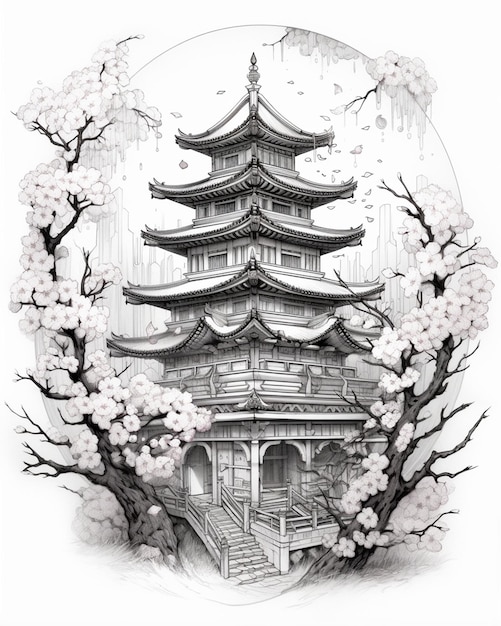 Photo japanese pagoda with blossoming branches