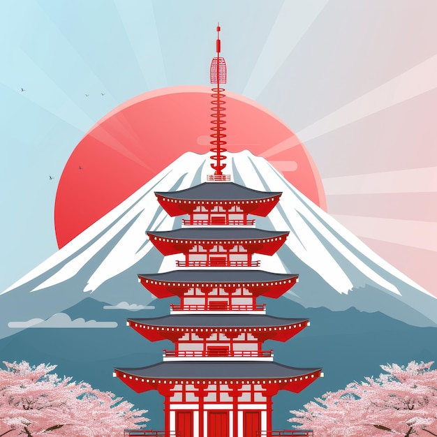 Photo japanese pagoda with mount fuji and cherry blossoms