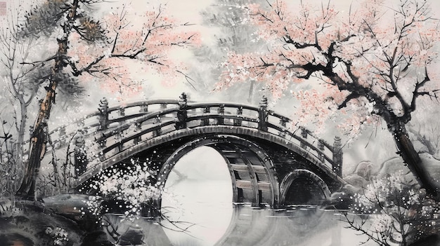 Japanese painting of a semicircular bridge in a garden full of flowers AI generated Image