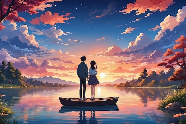 Japanese pattern Romantic Anime couple admiring the sunset at a scenic lake under colorful sky with cloud